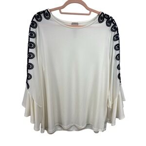 CHICOS Womens Bell Sleeve Top Size L  Ivory Black Lace Trim Stretch Dressy Comfy